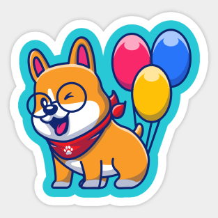 Cute Corgi With Balloons Cartoon Sticker